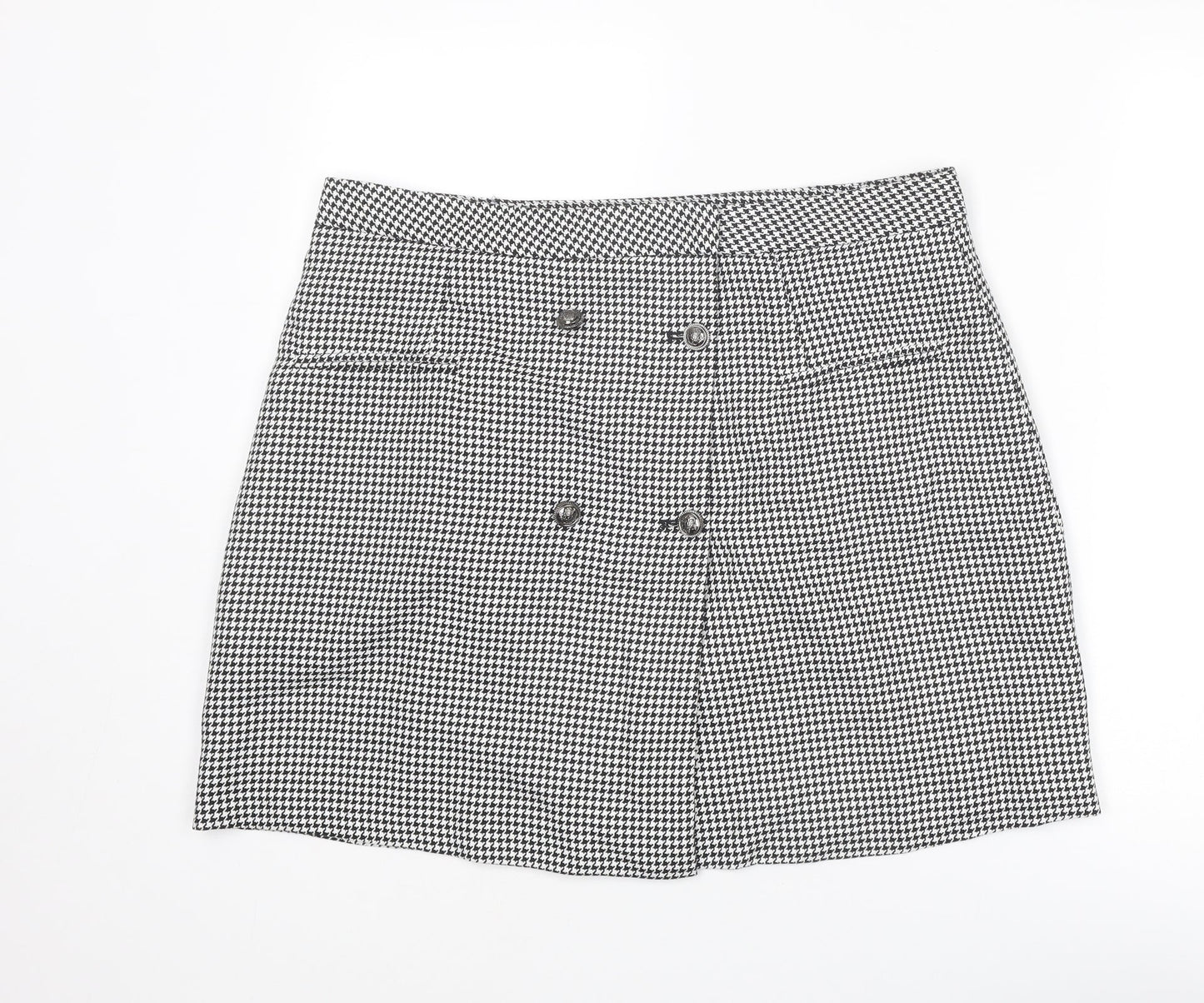 NEXT Womens Black Geometric Polyester A-Line Skirt Size 36 in Button - Houndstooth pattern