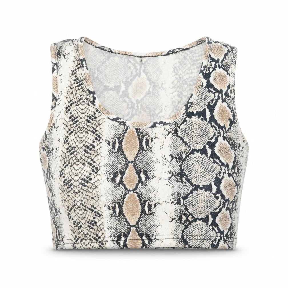 PRETTYLITTLETHING Womens Multicoloured Animal Print Viscose Cropped Tank Size 10 Scoop Neck - Snakeskin Pattern