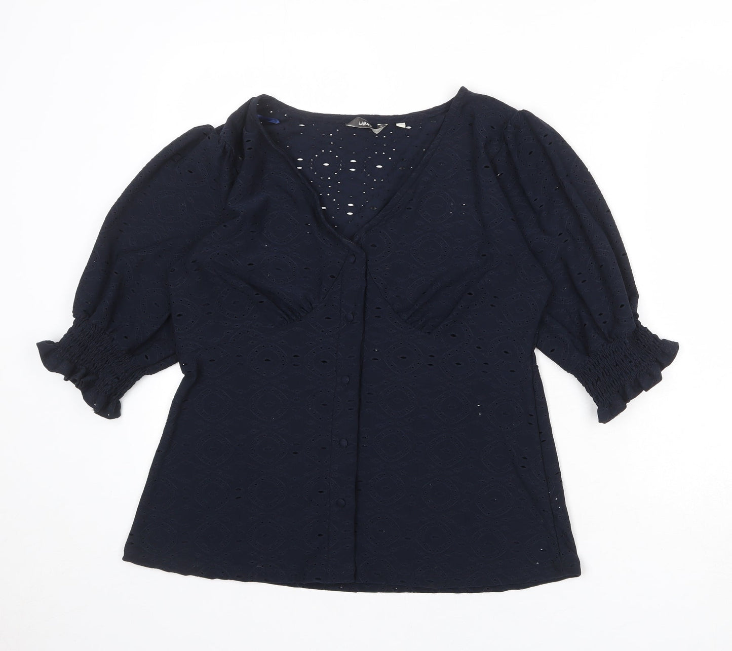 NEXT Womens Blue Polyester Basic Button-Up Size XS V-Neck - Broderie Anglaise