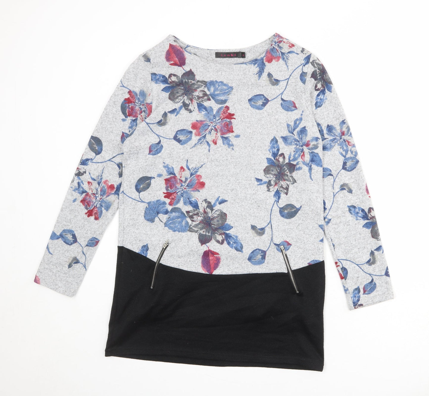 Tenki Womens Grey Floral Polyester Basic T-Shirt Size M Round Neck