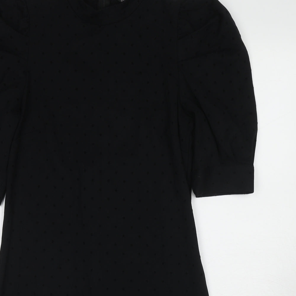 Dorothy Perkins Womens Black Polka Dot Cotton Pencil Dress Size 12 Mock Neck Zip - Puff Sleeve