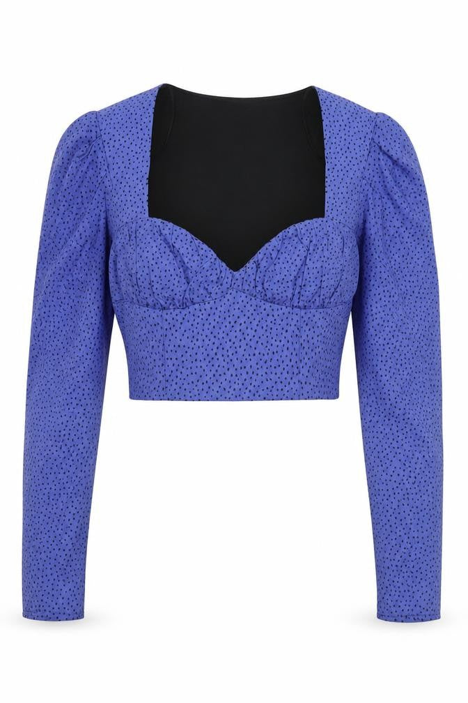Zara Womens Blue Polka Dot Polyester Cropped Blouse Size S Sweetheart