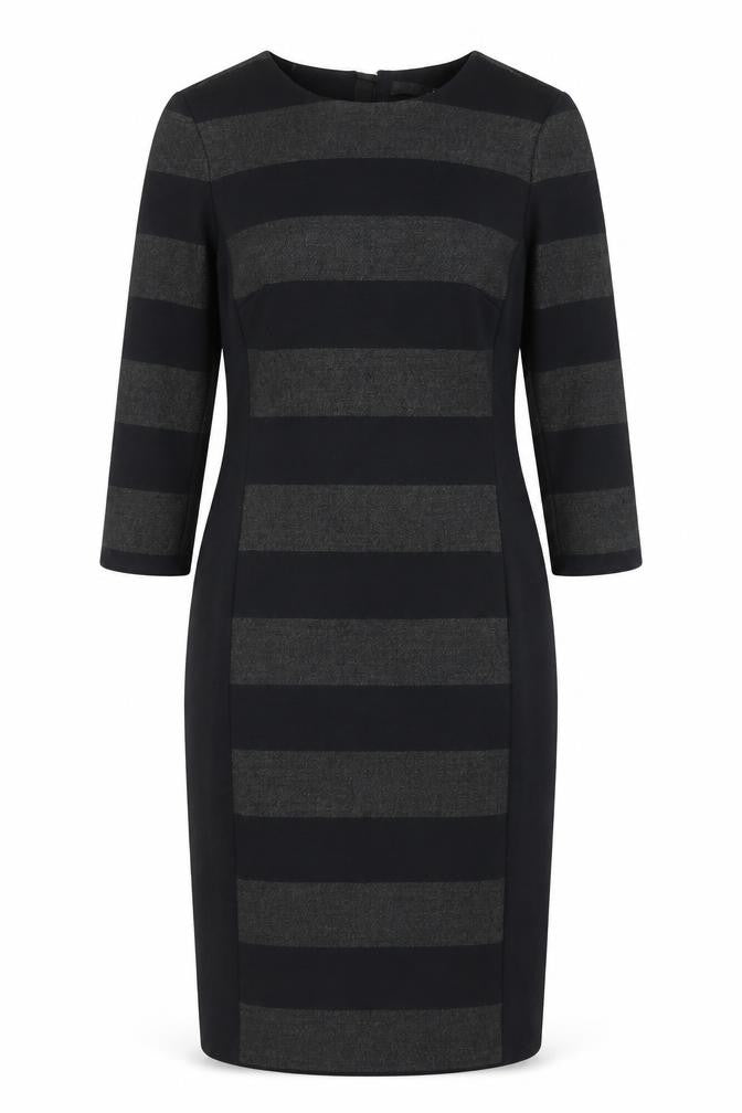 Front view of Oui women’s black striped polyester shift, size UK 10, round neck zip