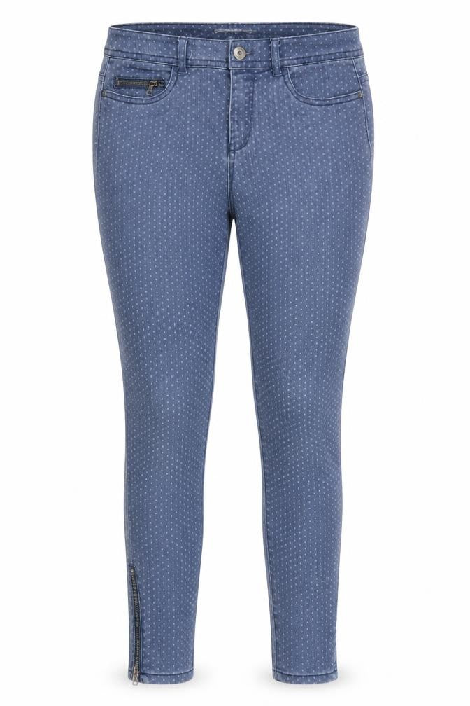 Front view of ESPRIT women’s blue polka dot cotton skinny jeans, size UK 29, in, 27-inch leg regular zip - ankle zip