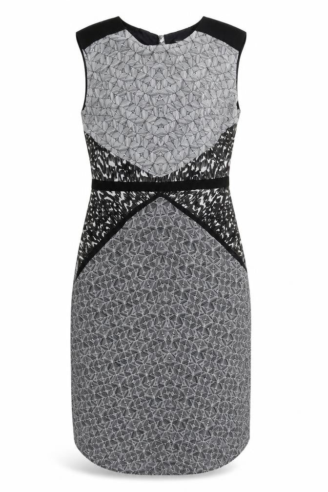 Warehouse Womens Grey Geometric Polyester Sheath Size 8 Round Neck Zip