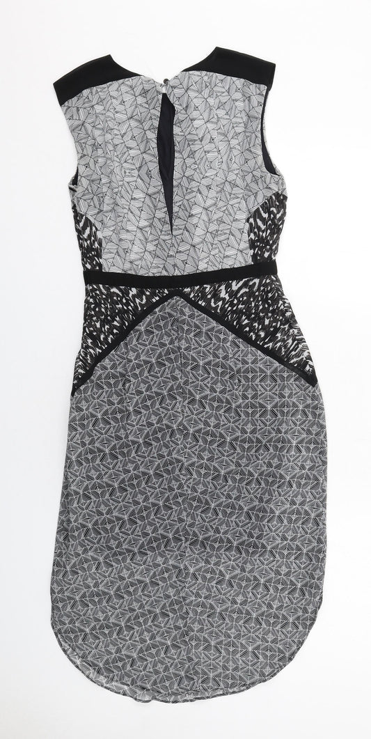 Warehouse Womens Grey Geometric Polyester Sheath Size 8 Round Neck Zip