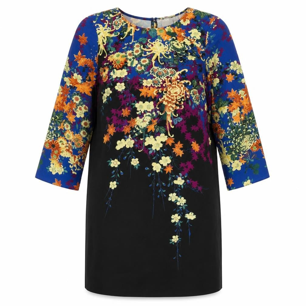 Front view of ASOS women’s multicoloured floral polyester shift, size UK 10, round neck button