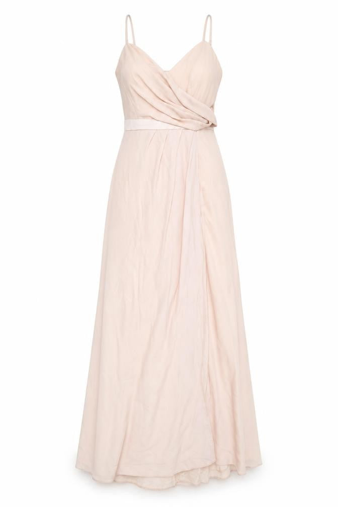 Front view of ASOS women’s pink polyester ball gown, size UK 12, v-neck button - front pleat detail