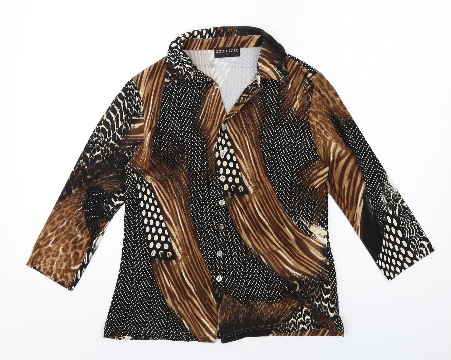 Anna Rose Womens Brown Geometric Polyester Basic Button-Up Size S Collared