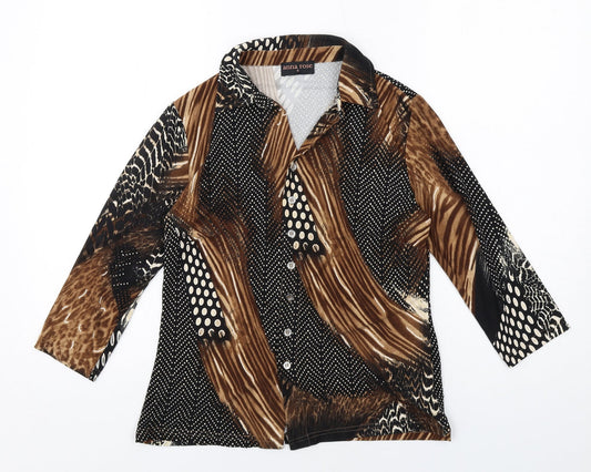 Anna Rose Womens Brown Geometric Polyester Basic Button-Up Size S Collared