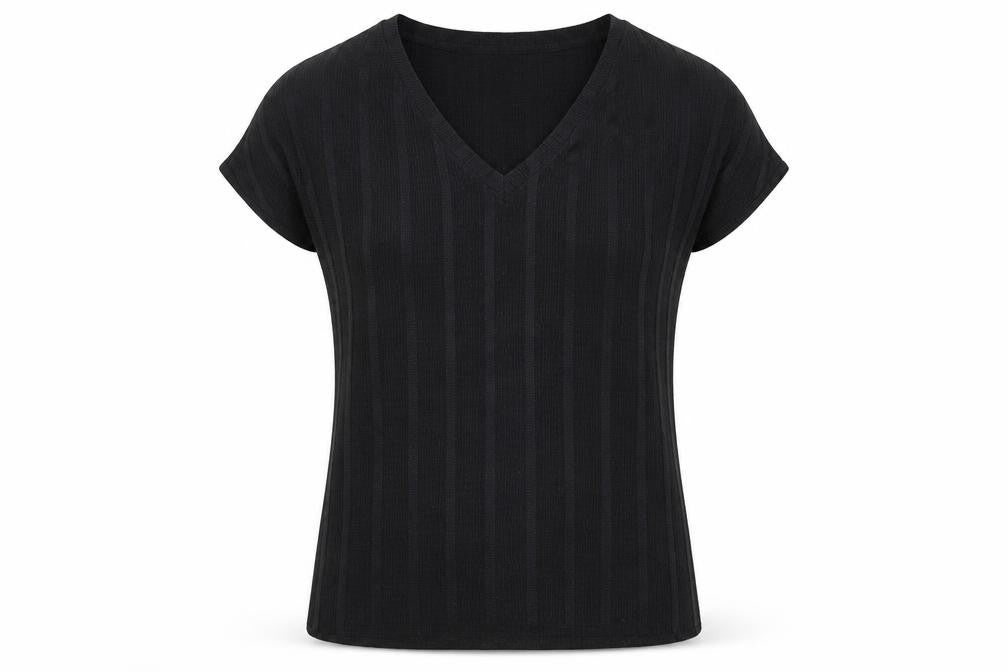 Marks and Spencer Womens Black Striped Polyester Basic T-Shirt Size 6 V-Neck