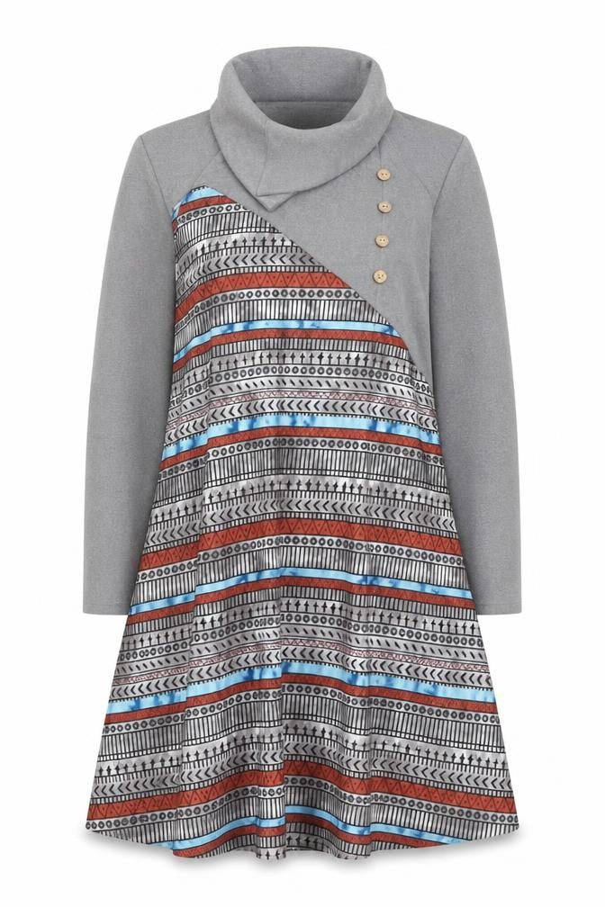 Maria & Gabriela Womens Grey Geometric Cotton Trapeze & Swing Size 2XL Collared Pullover
