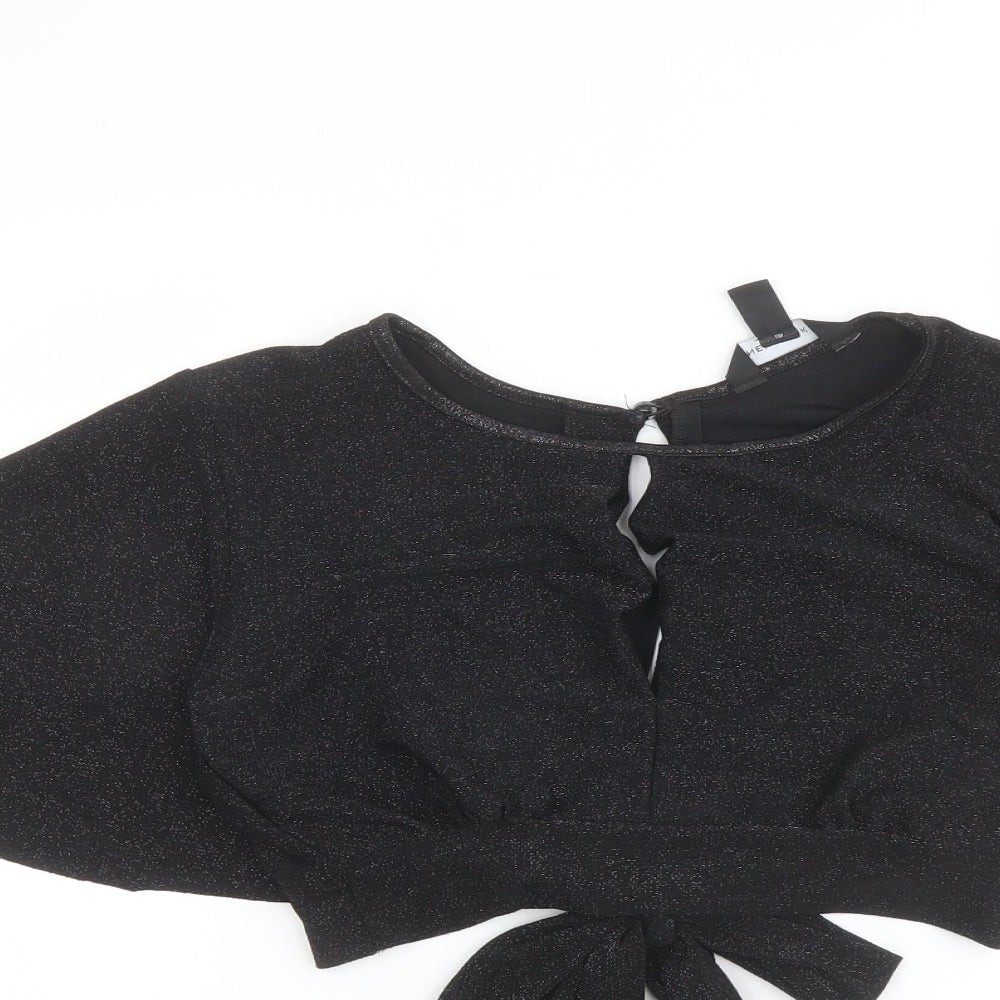 New Look Womens Black Polyester Cropped Blouse Size 8 Boat Neck - Tie Back Detail