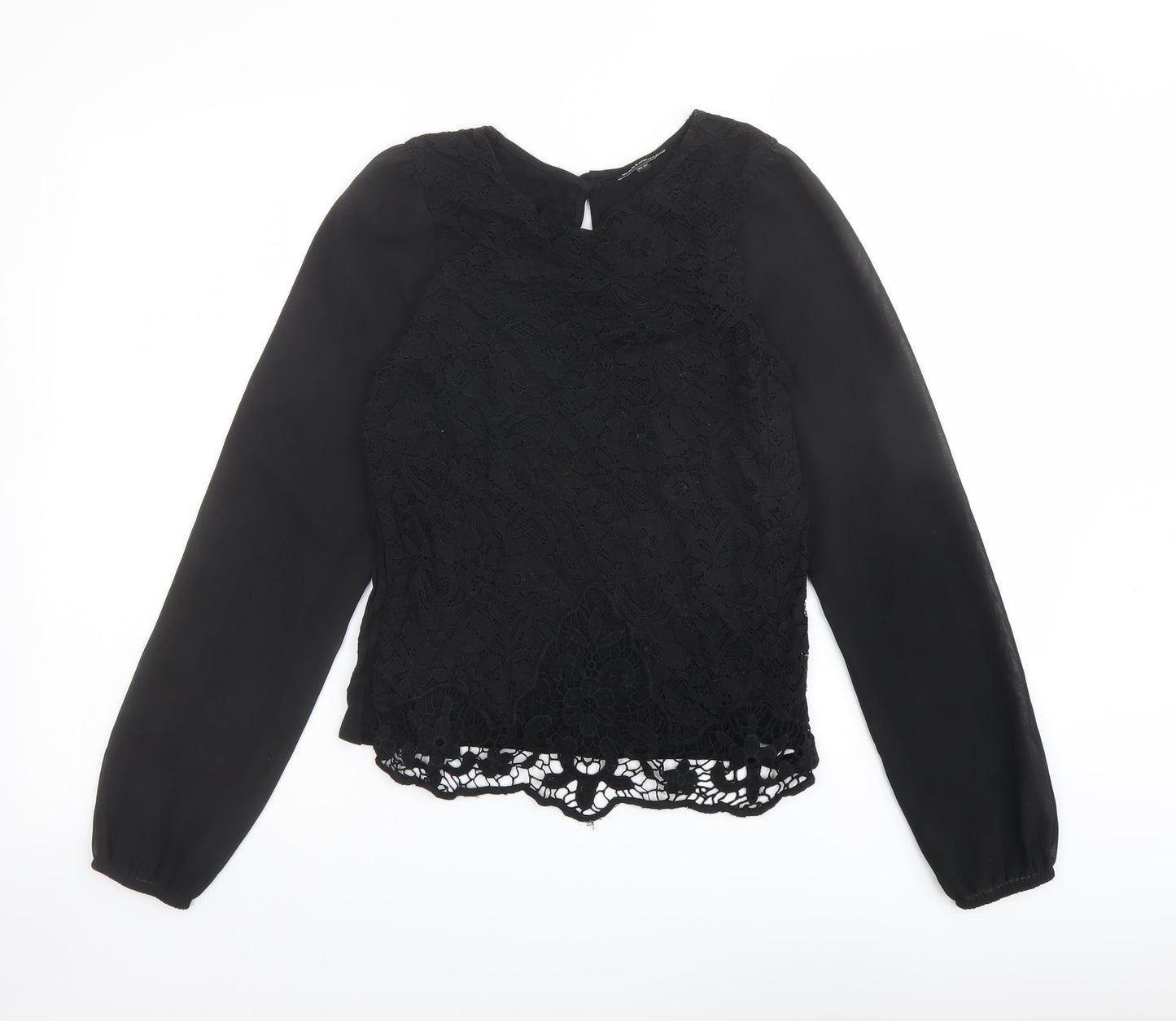 Warehouse Womens Black Viscose Basic Blouse Size 10 Round Neck - Lace Front