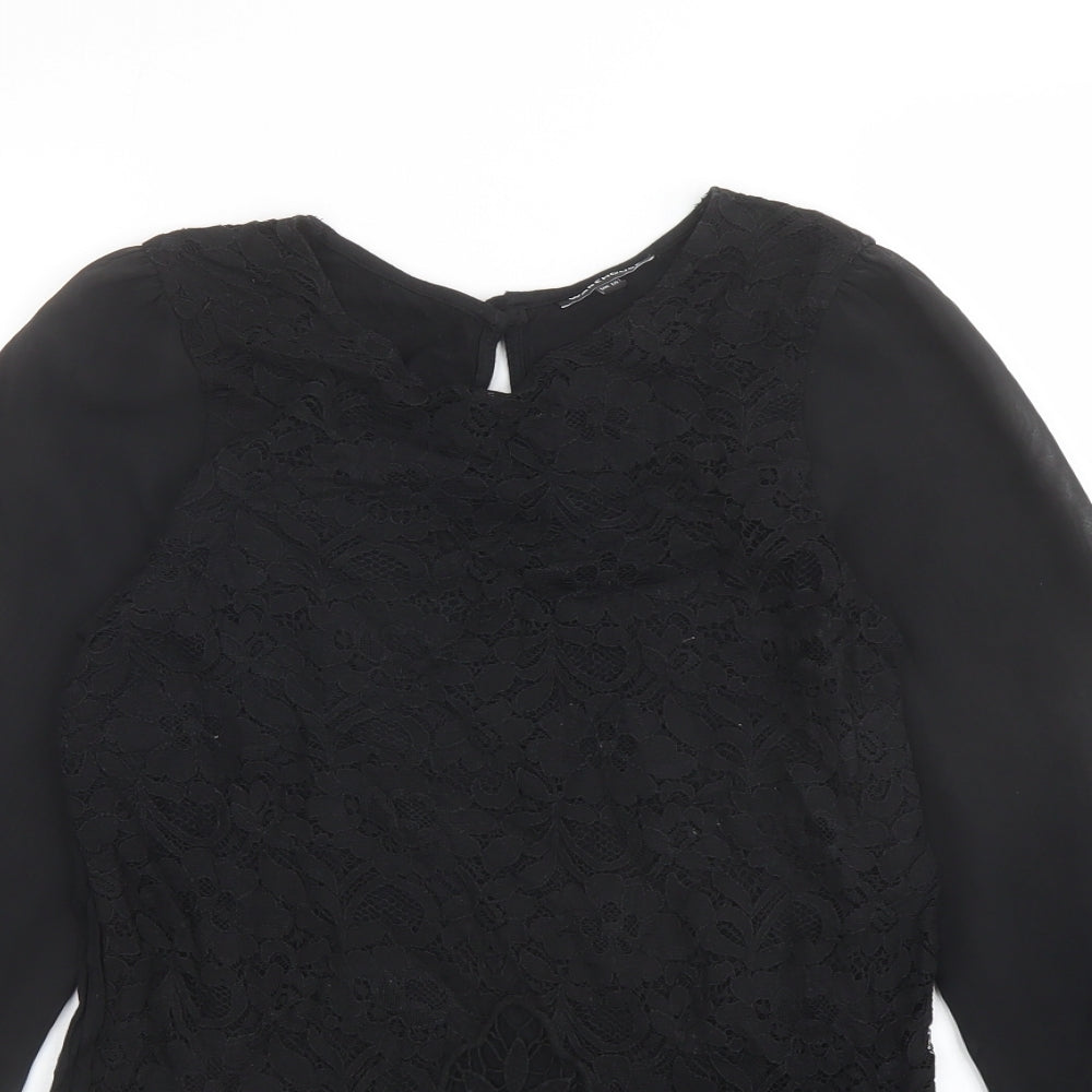Warehouse Womens Black Viscose Basic Blouse Size 10 Round Neck - Lace Front
