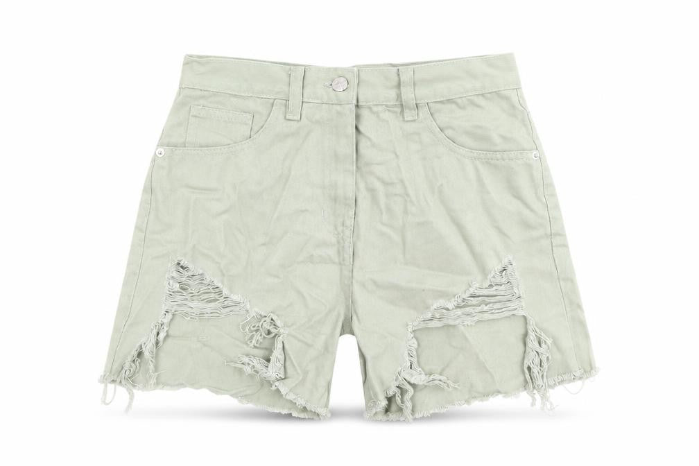 Rebellious Womens Green Cotton Boyfriend Shorts Size 10 L4 in Regular Button - Distressed Look Raw Hems