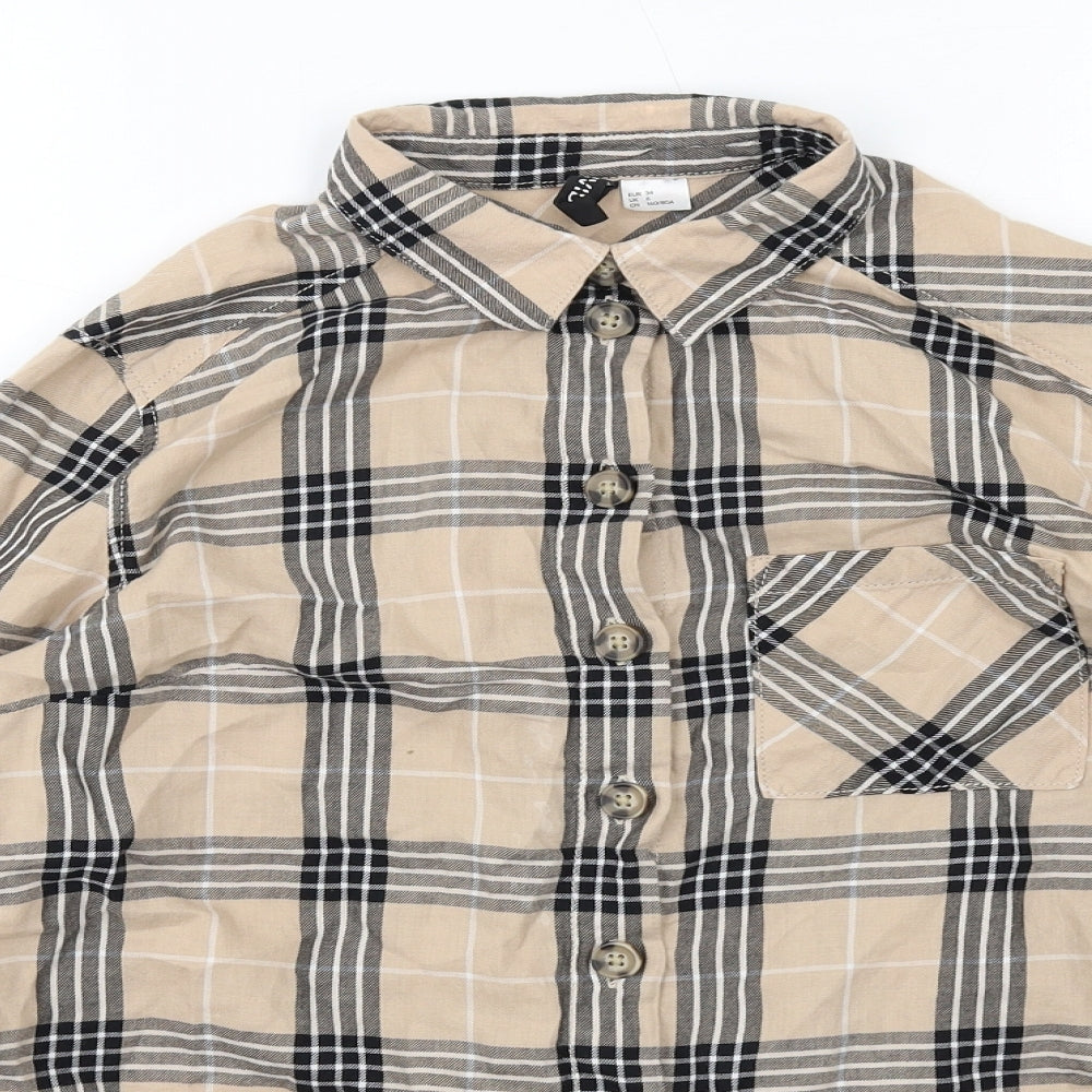 H&M Womens Beige Plaid Cotton Basic Button-Up Size 6 Collared