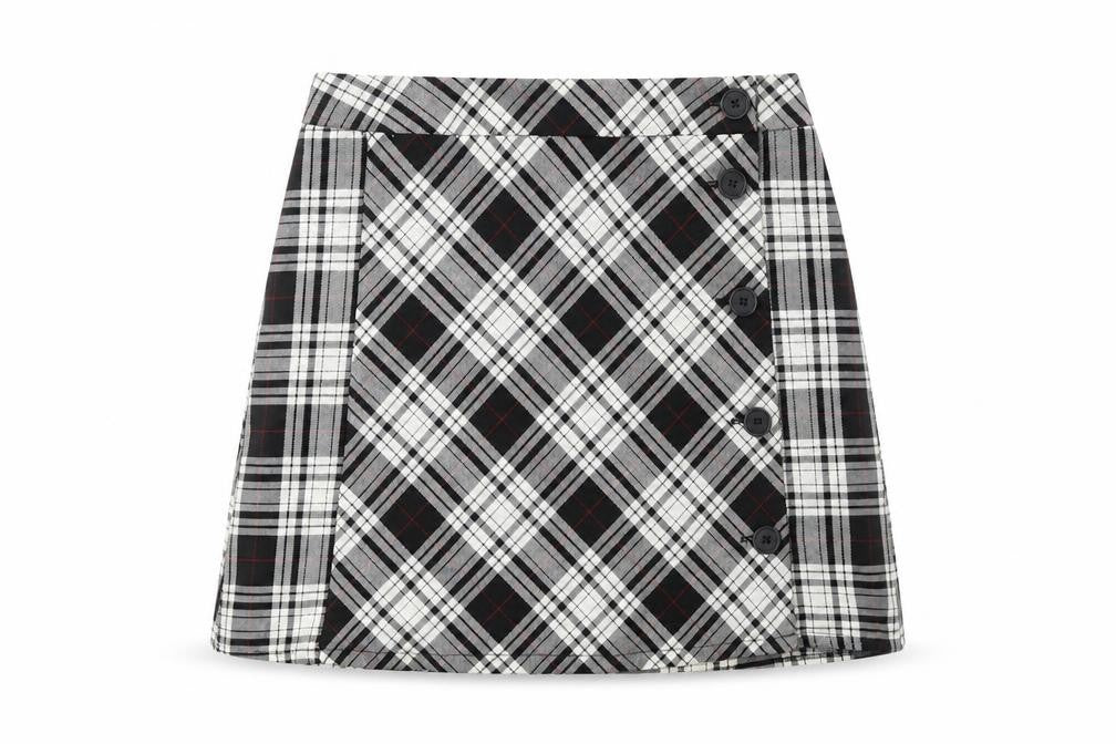 Front view of Cooperative women’s black plaid viscose mini skirt, size S, button