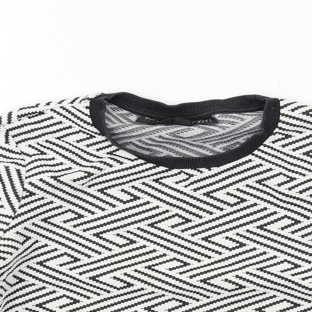 Topshop Womens White Geometric Cotton Basic T-Shirt Size 4 Round Neck