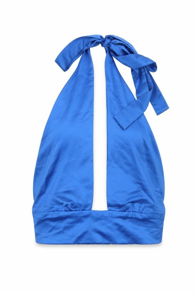 Front view of In the Style women’s blue polyester cropped tank, size UK 10, halter - open back