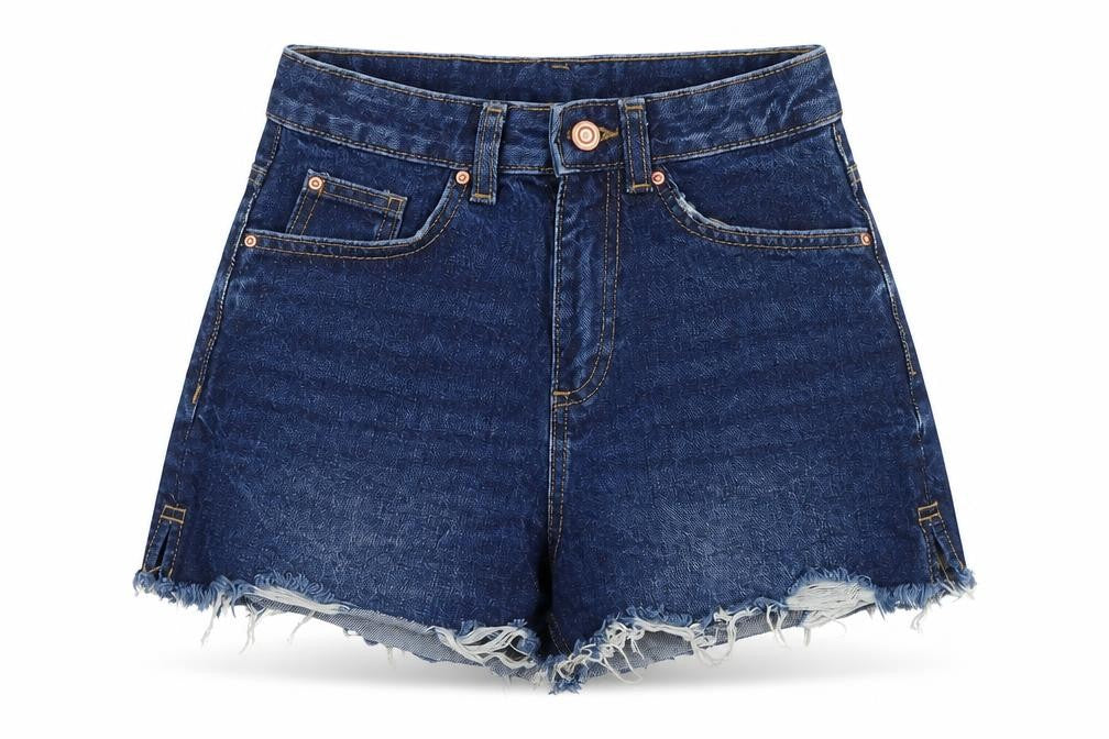Front view of Denim & Co. women’s blue 100% cotton boyfriend shorts, size UK 6, regular zip - raw hem