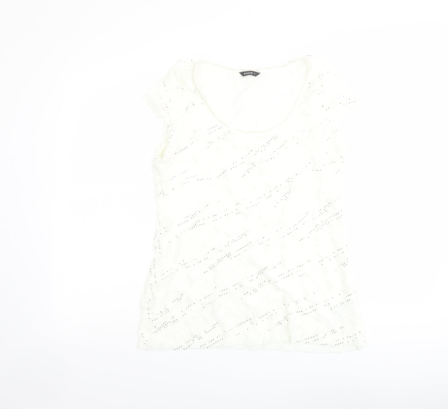 Roman Womens Ivory Geometric Polyester Basic T-Shirt Size 12 Scoop Neck
