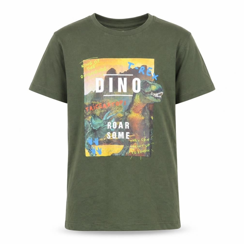 URBN-DEPT Boys Green Cotton Basic T-Shirt Size 13 Years Round Neck Pullover - T-Rex Dinosaur