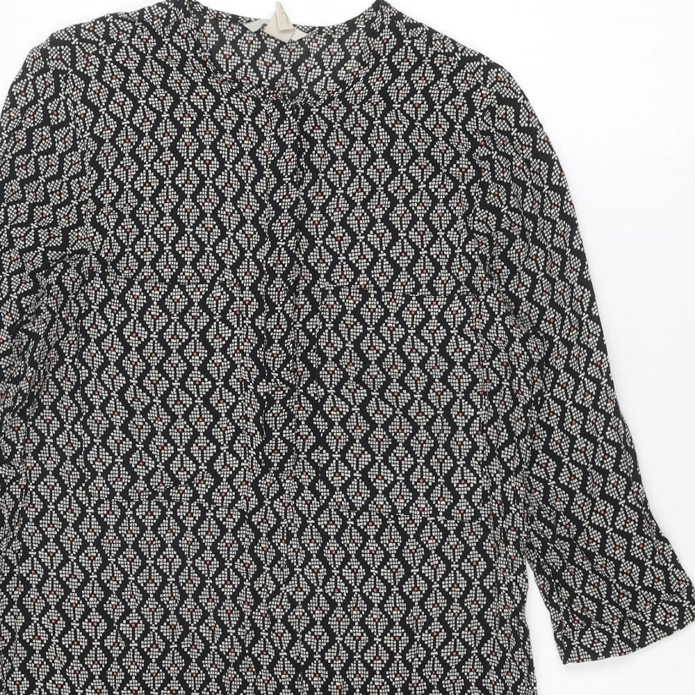 H&M Womens Black Geometric Viscose A-Line Size 8 Round Neck Button