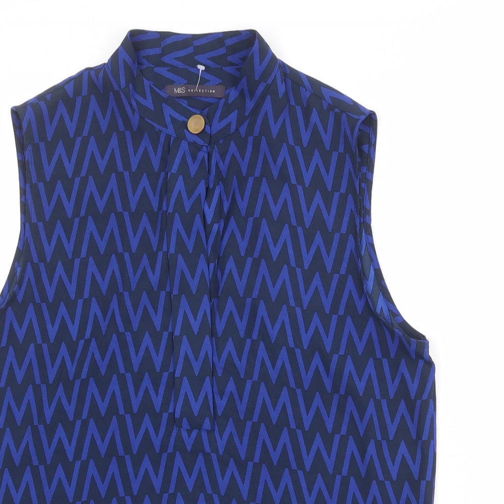 Marks and Spencer Womens Blue Geometric Polyester Basic Blouse Size 12 Round Neck