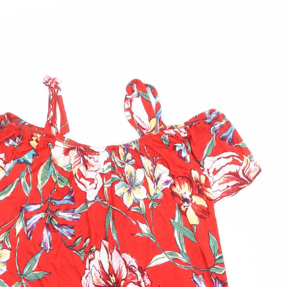 Dorothy Perkins Womens Red Floral Viscose Basic Blouse Size 8 Off the Shoulder