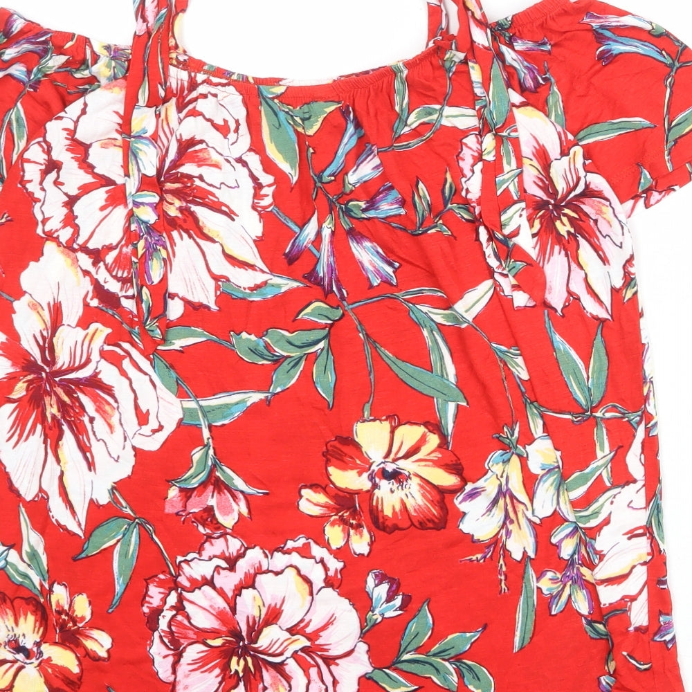 Dorothy Perkins Womens Red Floral Viscose Basic Blouse Size 8 Off the Shoulder