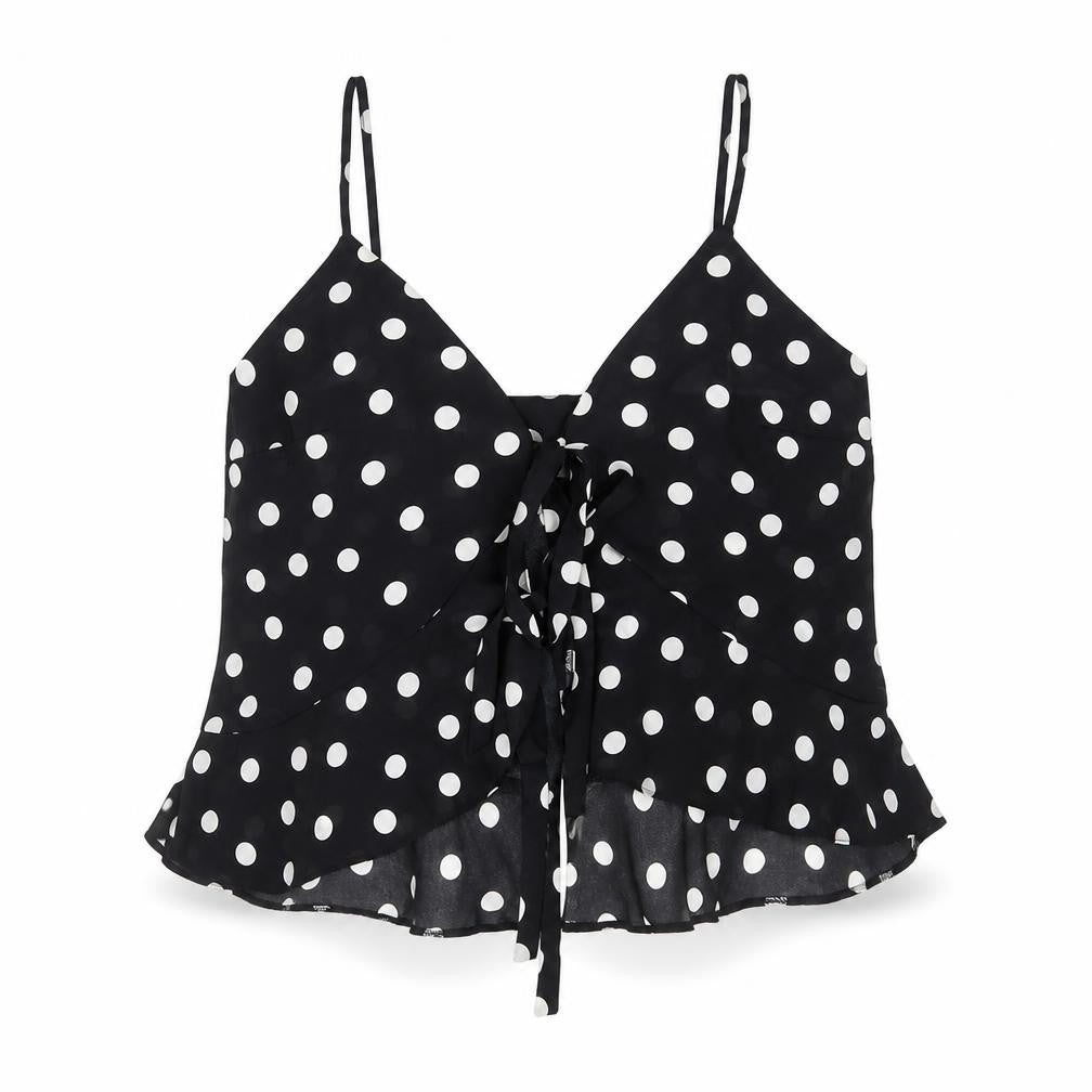 Front view of ASOS women’s black polka dot polyester cropped tank, size UK 10, v-neck