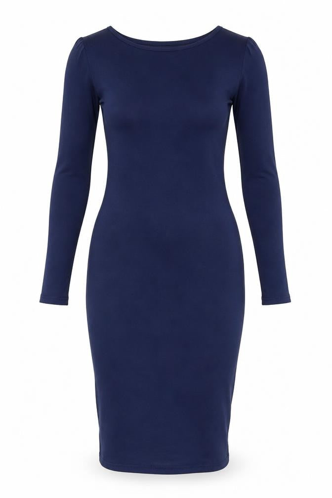 Vestidos Womens Blue Polyester Bodycon Size M Round Neck Pullover - Lace Up Back Detail