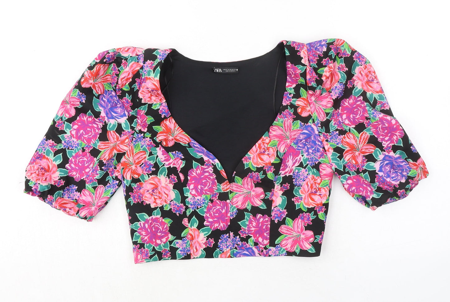 Zara Womens Multicoloured Floral Polyester Cropped Blouse Size M V-Neck