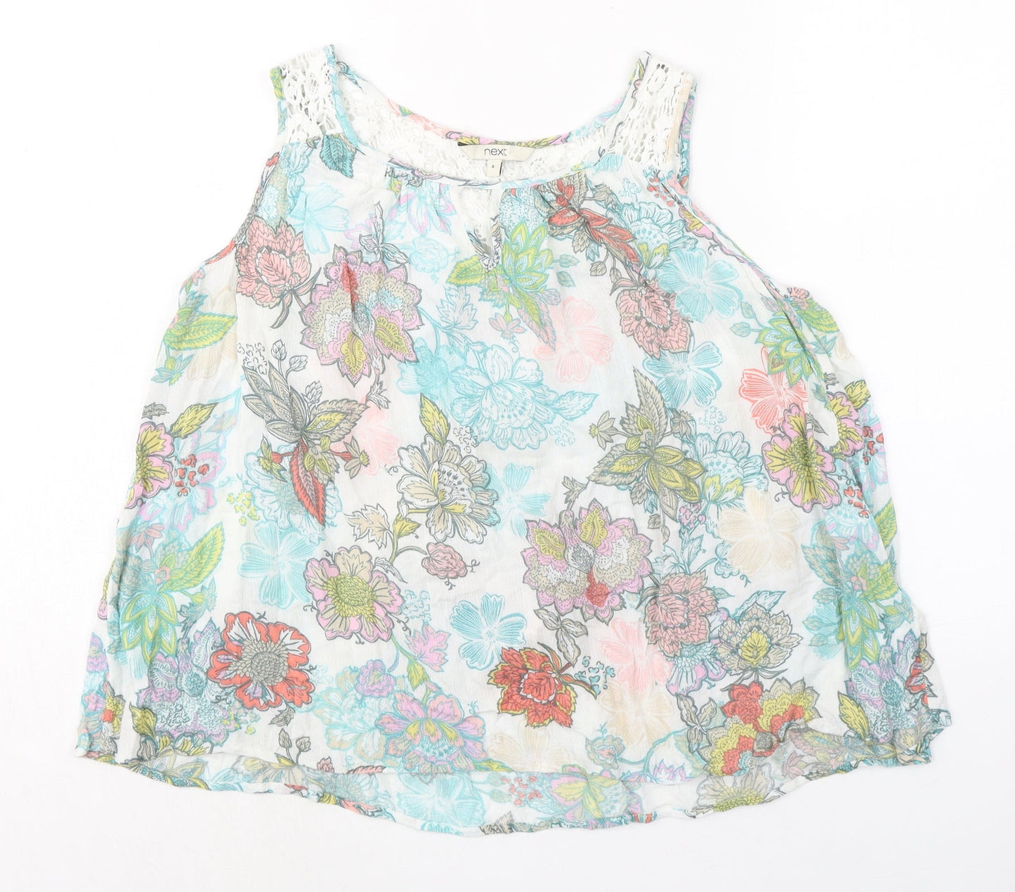NEXT Womens Multicoloured Floral Viscose Basic Tank Size 8 Boat Neck - Crochet Detail