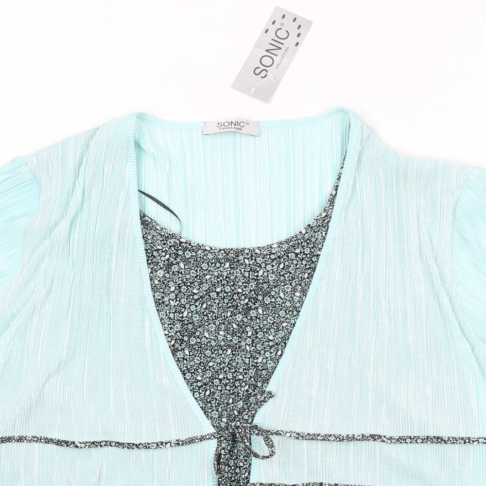 Sonic Womens Green Floral Polyester Basic Blouse Size L Scoop Neck