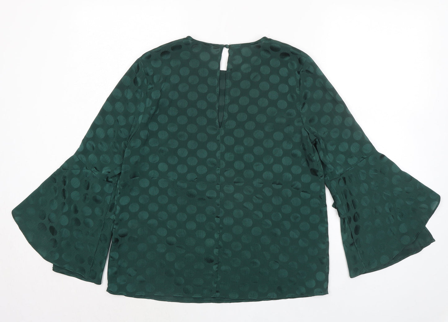 Warehouse Womens Green Polka Dot Polyester Basic Blouse Size 10 Round Neck - Flute Sleeve