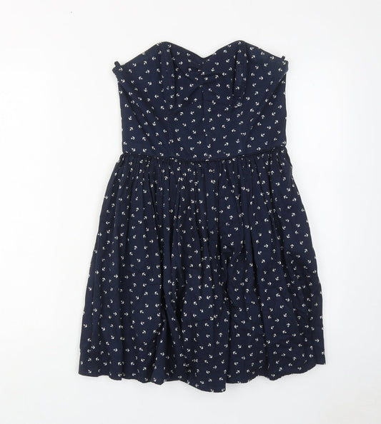 Jack Wills Womens Blue Geometric Cotton A-Line Size 10 Off the Shoulder Zip - Anchor Print