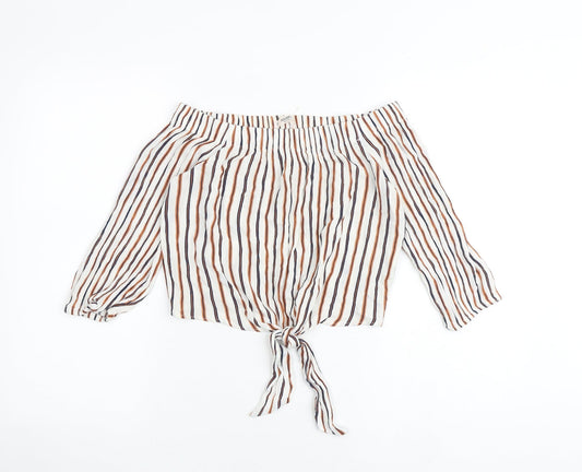 Pull&Bear Womens Multicoloured Striped Viscose Basic Blouse Size M Off the Shoulder