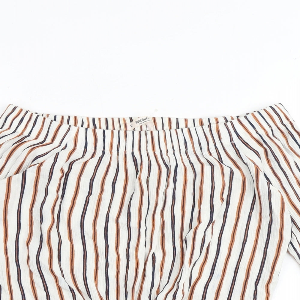 Pull&Bear Womens Multicoloured Striped Viscose Basic Blouse Size M Off the Shoulder