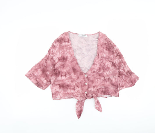 Pull&Bear Womens Pink Viscose Cropped Button-Up Size S V-Neck - Tie Front Tie Dye