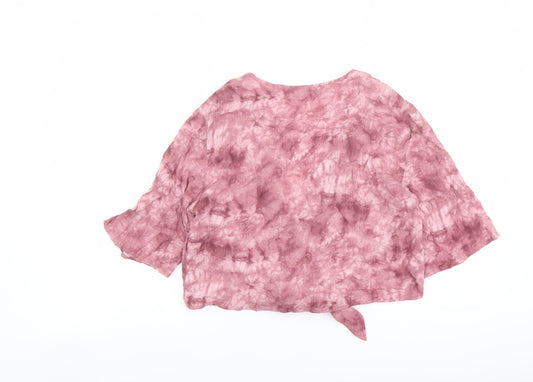 Pull&Bear Womens Pink Viscose Cropped Button-Up Size S V-Neck - Tie Front Tie Dye
