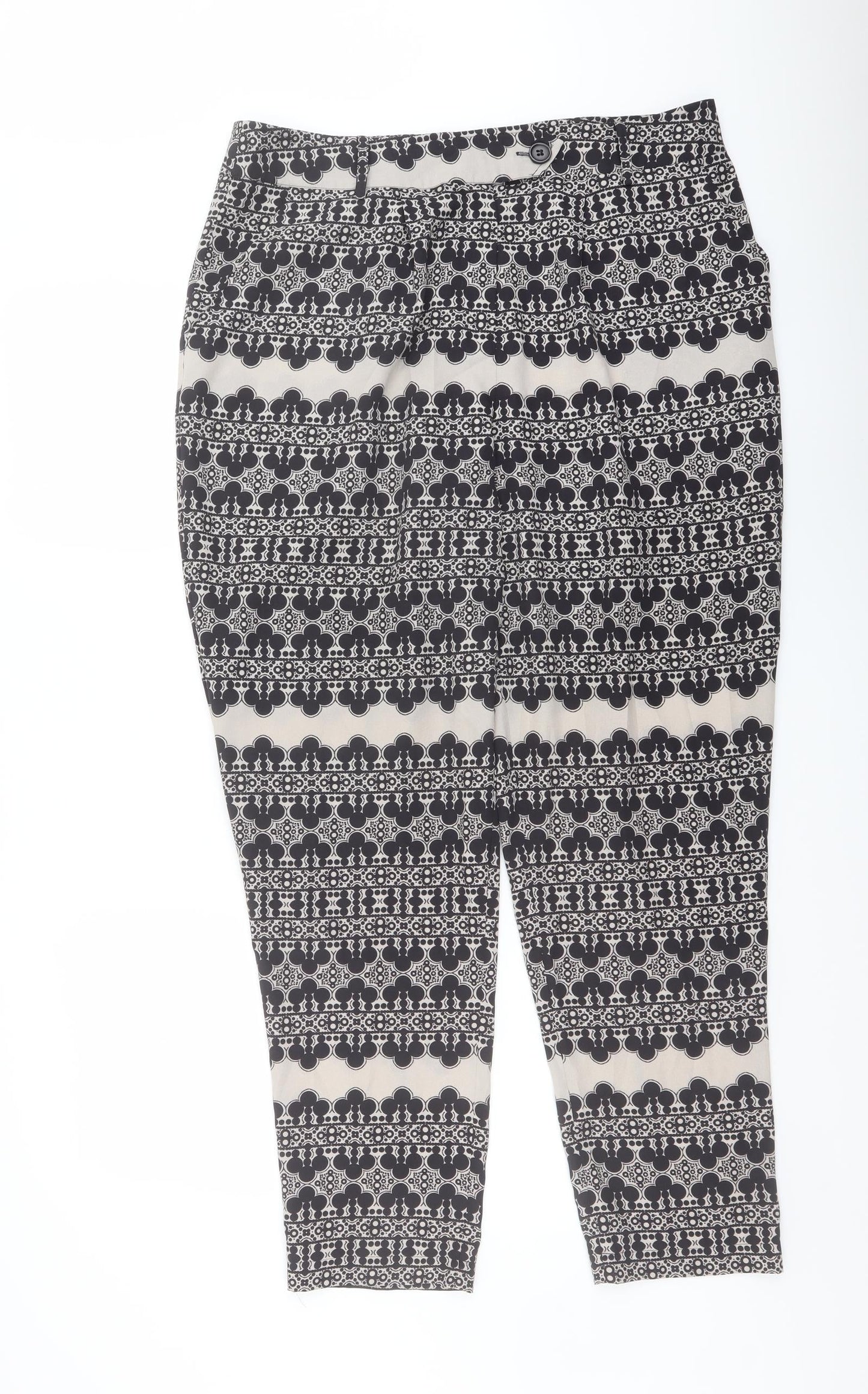 Marks and Spencer Womens Black Geometric Polyester Trousers Size 14 L28 in Regular Button