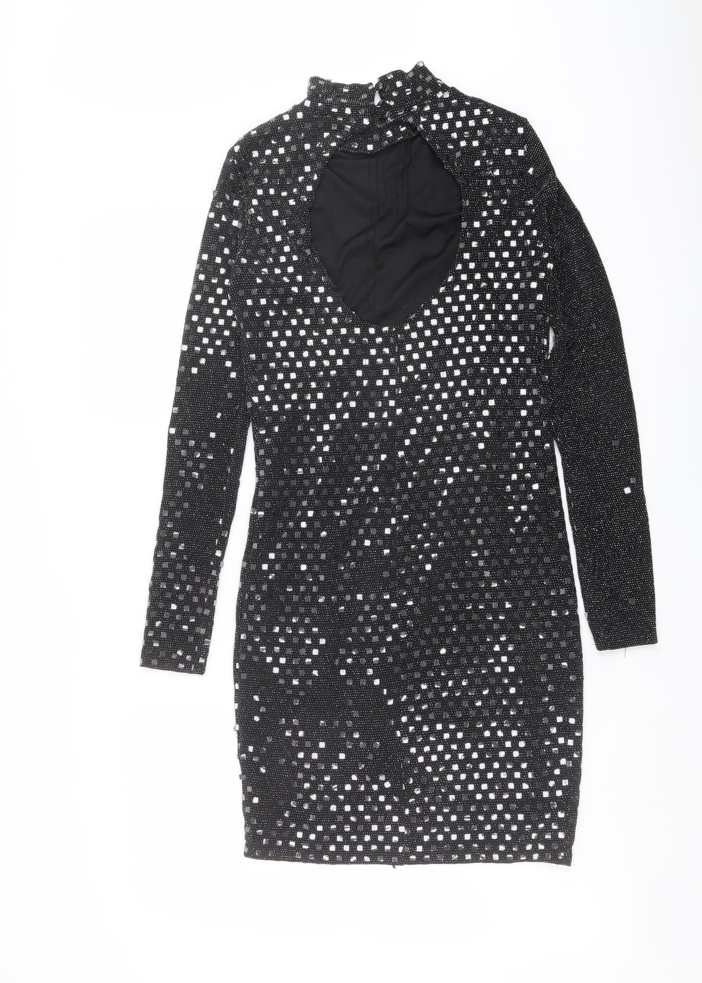 River Island Womens Black Geometric Nylon Shift Size 10 Mock Neck Button - Open Back