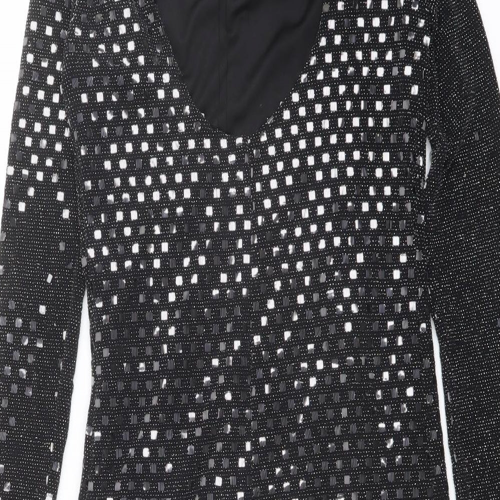 River Island Womens Black Geometric Nylon Shift Size 10 Mock Neck Button - Open Back