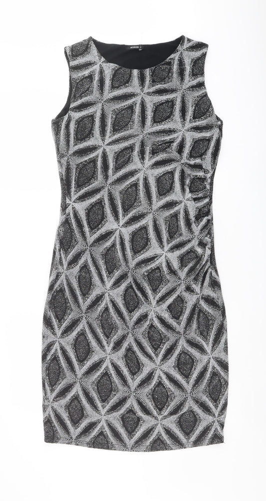 Roman Womens Black Geometric Nylon Shift Size 14 Boat Neck Pullover
