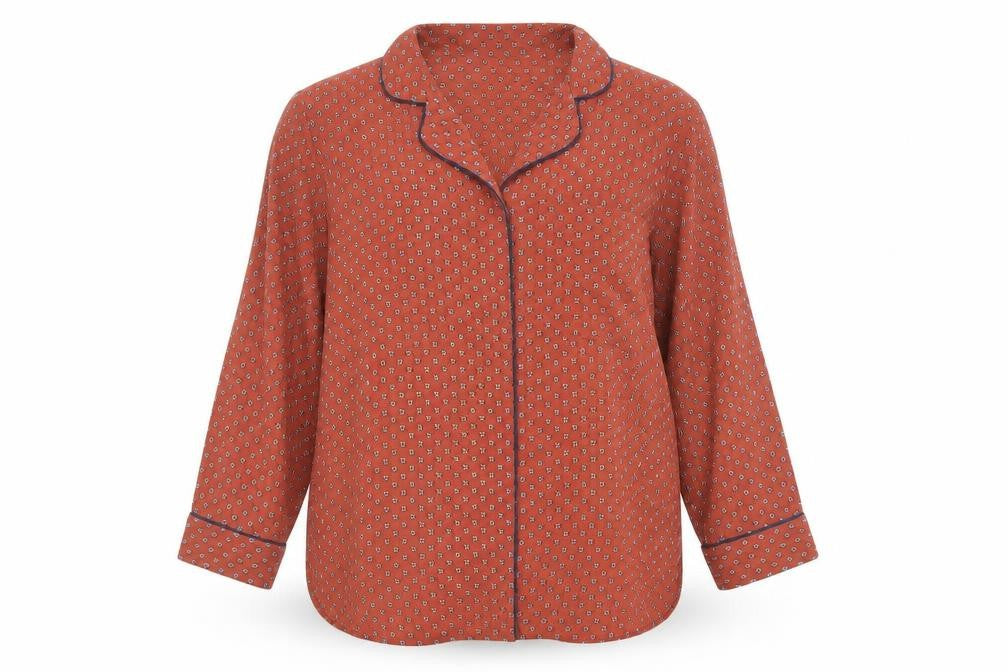 Marks and Spencer Womens Brown Geometric Polyester Basic Button-Up Size 14 Collared