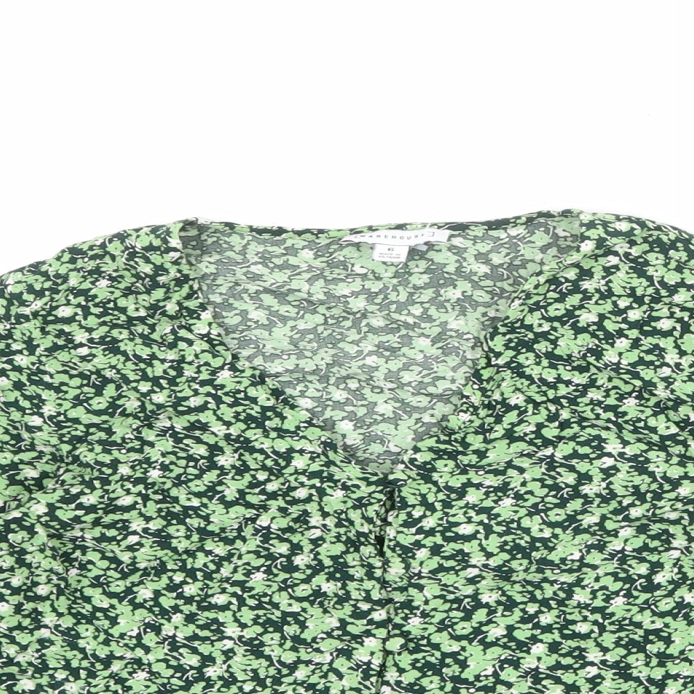 Warehouse Womens Green Floral Viscose Basic Blouse Size 6 V-Neck