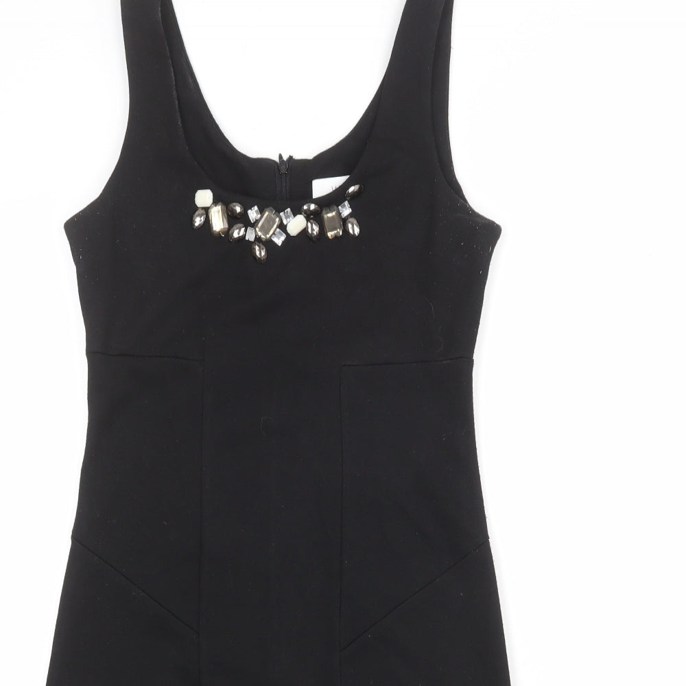Wallis Womens Black Polyester Tank Dress Size 8 Scoop Neck Zip - Embellished Neckline