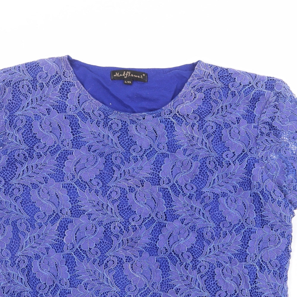 Mudflower Womens Blue Polyester Basic T-Shirt Size L Crew Neck